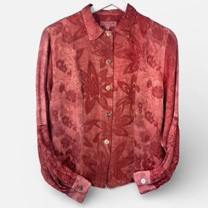 Citron Santa Monica Silk Button Up Light Red Floral Textured Blouse Small